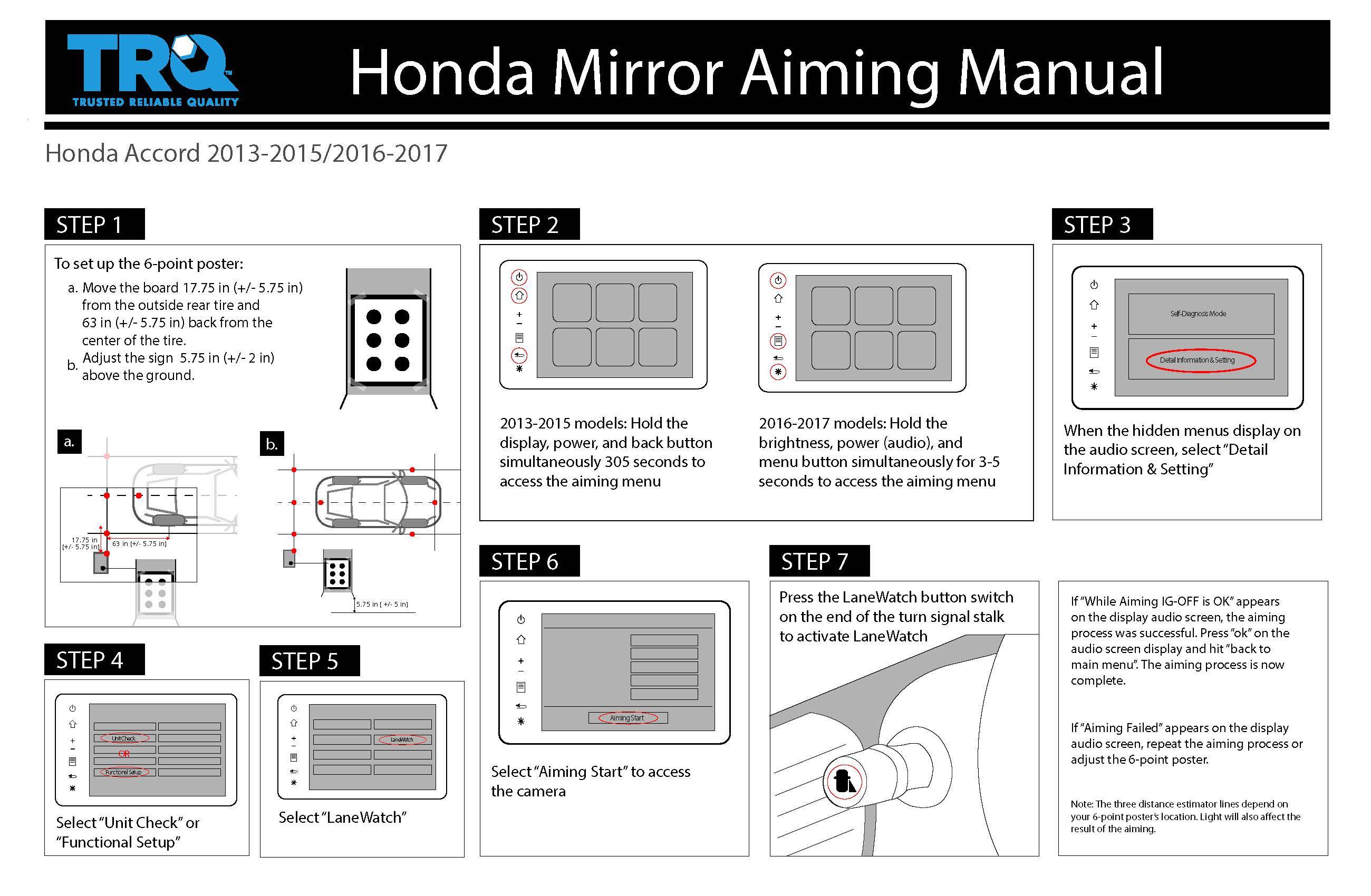 Honda mirror aiming manual for 2013-2015 and 2016-2017 Honda Accord from TRQ.